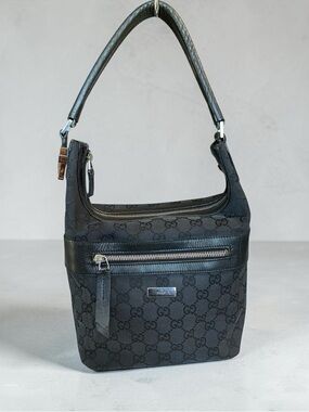 Gucci Black GG Canvas Top-Zip Shoulder Bag